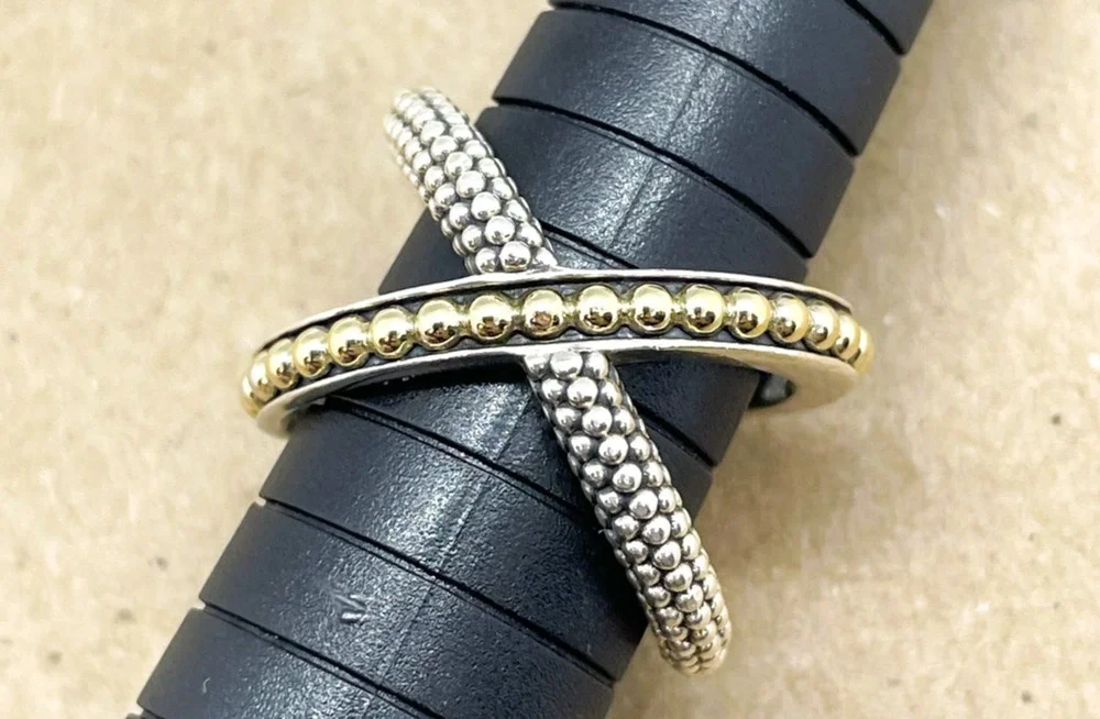 LAGOS KSL Two-Tone X Beaded Ring Sterling Silver & 18K Yellow Gold Size 7